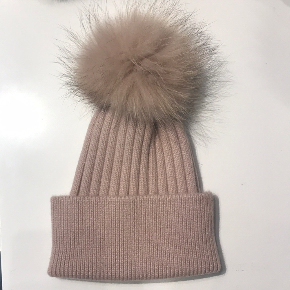 COPY - Light Pink Beanie real removable raccoon pom pom